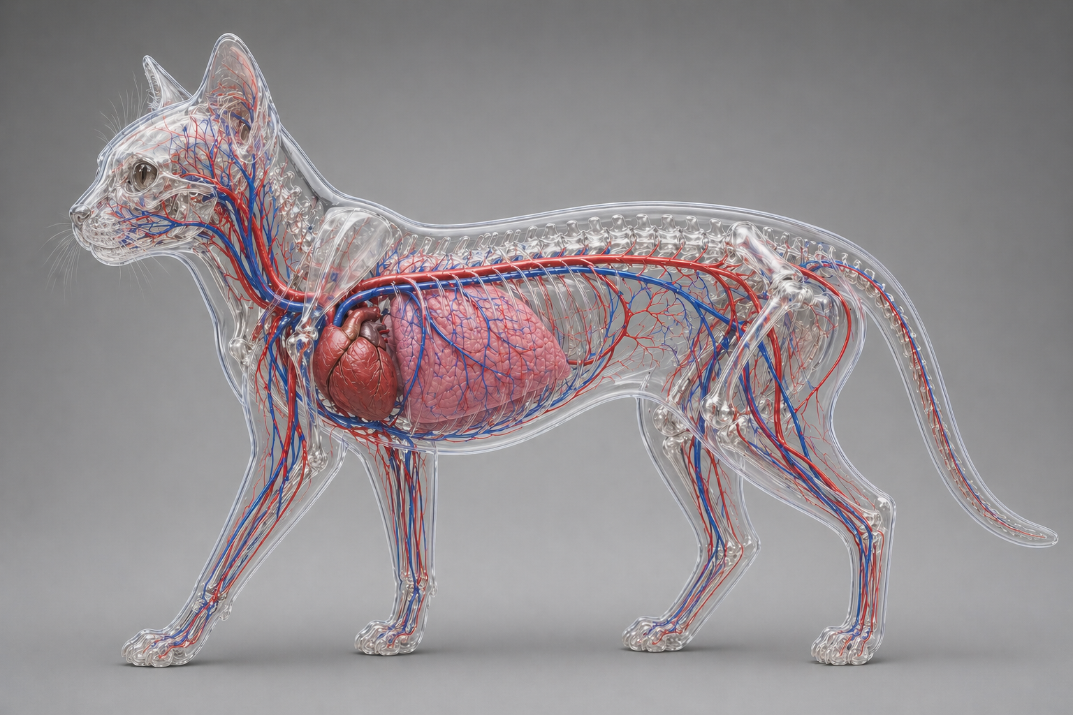 Illustration of a cat's cardiovascular system showing heart, lungs, arteries, and veins
